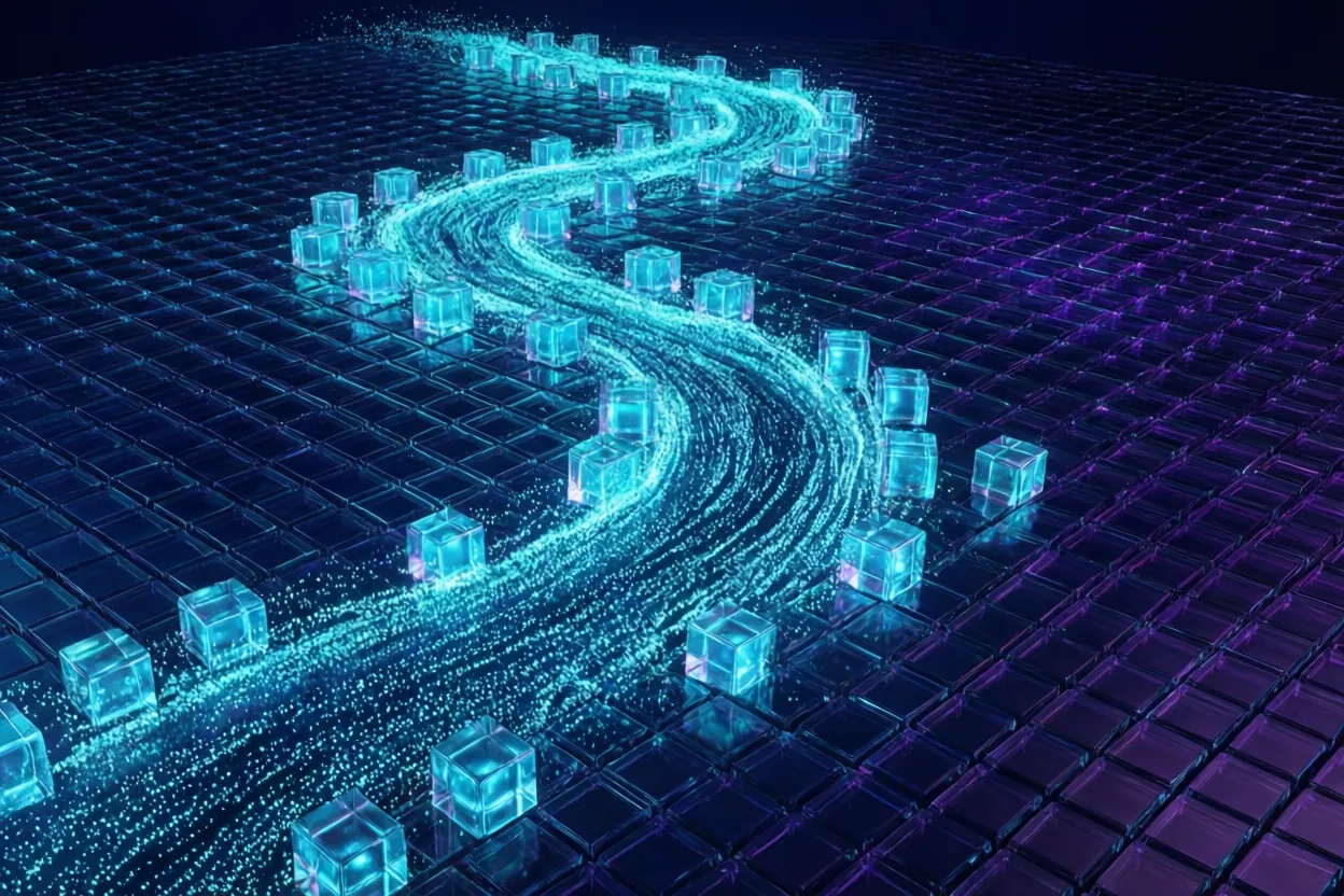 A particle stream passing through a grid of glowing logic cubes