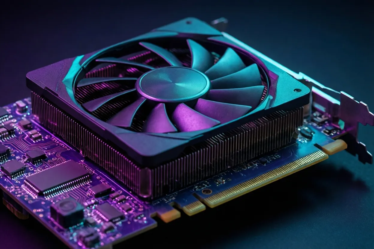 Close-up of a graphics card with glowing circuitry