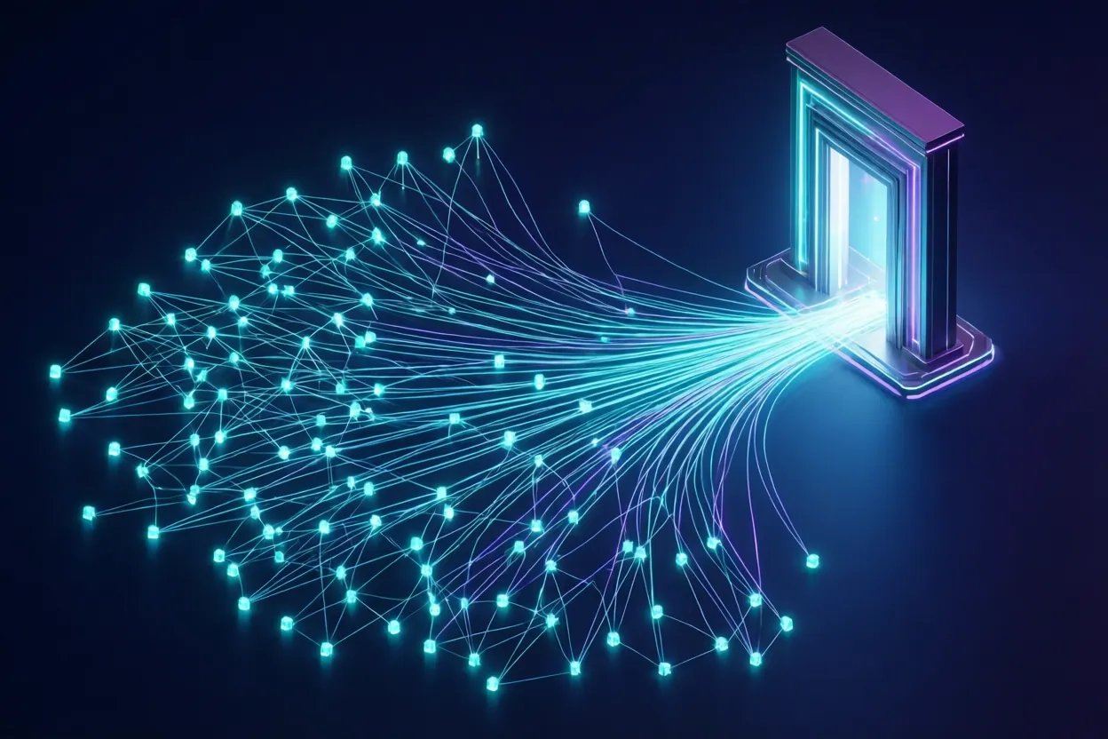 Many model nodes converging on a single shared access point