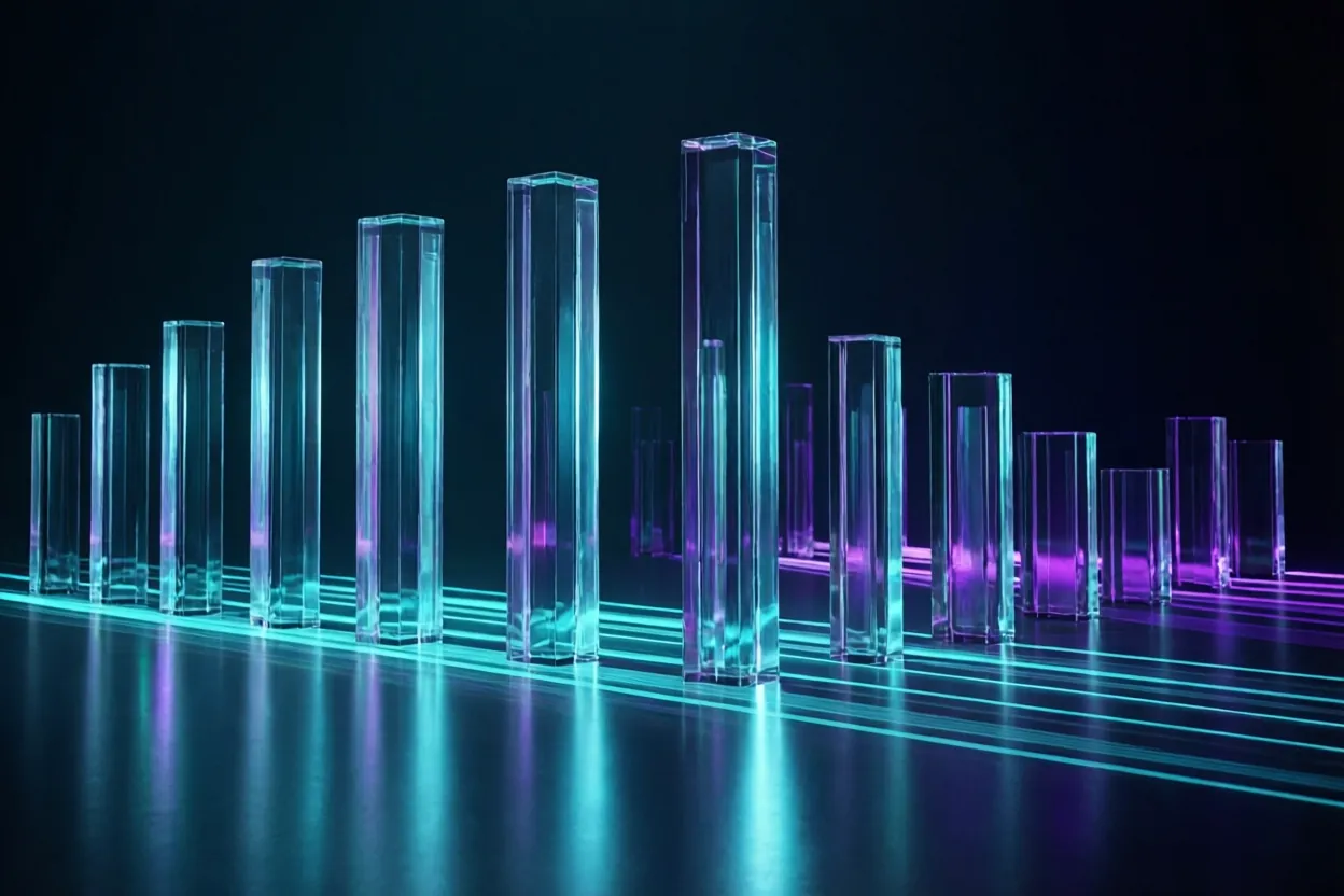 Glass columns of different heights, scanned by laser lines