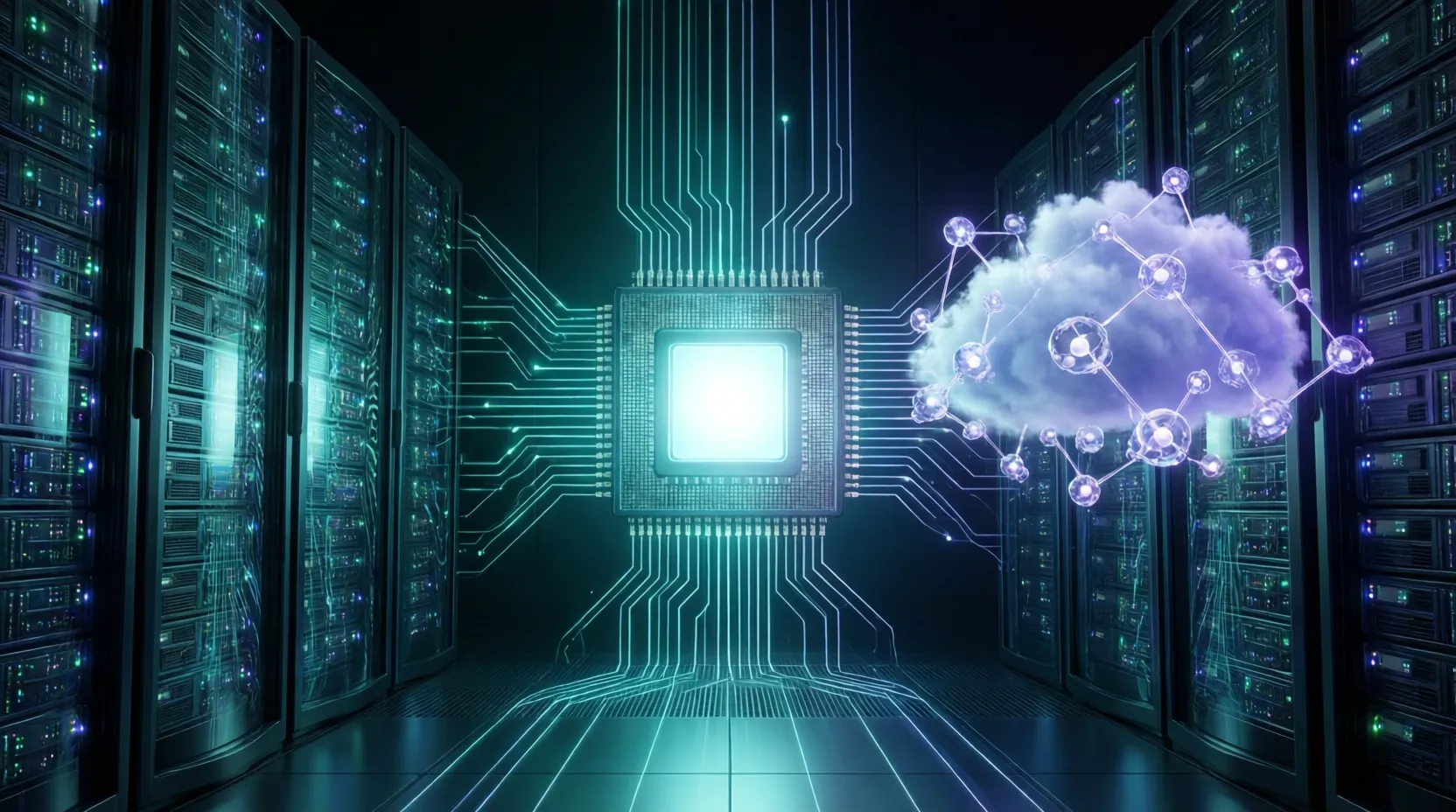 Compute hall with server towers, an FPGA grid and glowing atoms connected by beams of light
